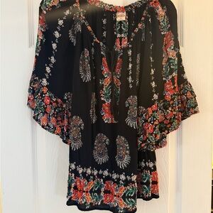 Bila Black Floral Boho Peasant Blouse with Red and Green Accents Size M